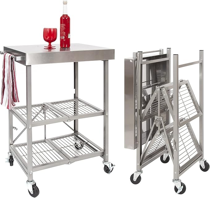 Origami RBT Foldable Kitchen Island Cart, Storage Table Organizer with Wheels, Silver