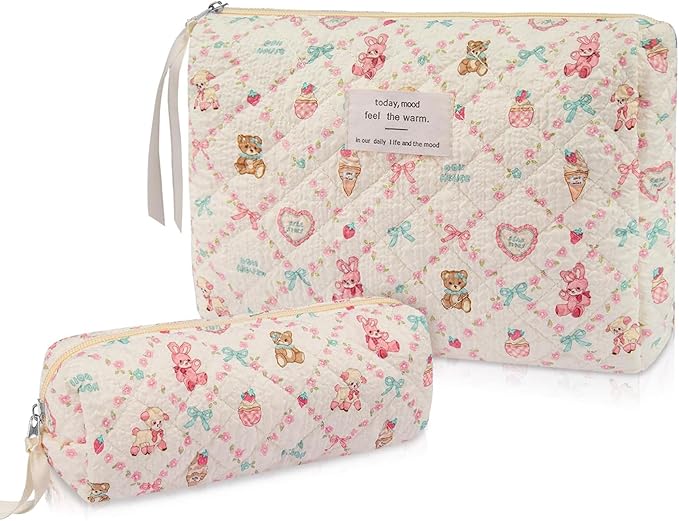 2PC Makeup Bag Set, Cute Cosmetic Bag for Women Girls, Floral Coquette Aesthetic Toiletry Bag, Travel Make Up Organizer Bag (Care Bear)