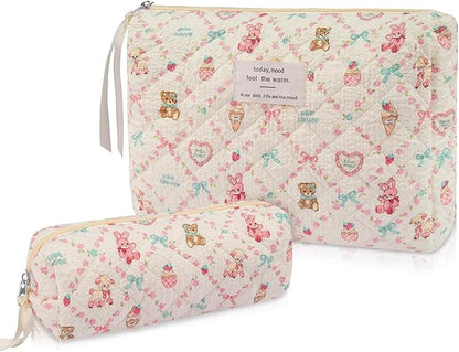 2PC Makeup Bag Set, Cute Cosmetic Bag for Women Girls, Floral Coquette Aesthetic Toiletry Bag, Travel Make Up Organizer Bag (Care Bear)