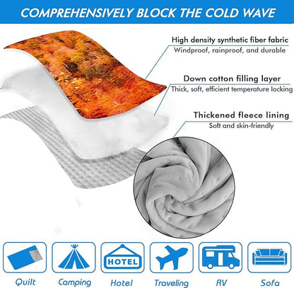Outdoor Camping Blanket, Warm Thick Blanket with Polar Fleece Packable Down Wearable Camp Blankets with Snap Buttons Soft Puffy Camping Quilt for Cold Weather (Woods, 76'' x 56'')