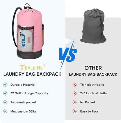 BALEINE 150L Laundry Bag Backpack, 900D Oxford Fabric Large Travel Laundry Bags with Shoulder Straps and 2 Mesh Pockets for College Dorm, Apartment, Laundromat (Pink, 150L)