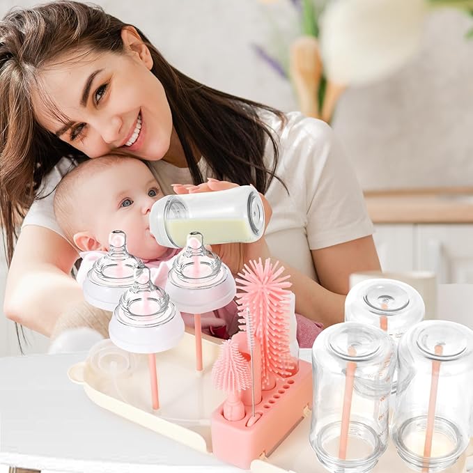 Portable 7-in-1 Baby Bottle Brush Set, Travel Cleaner Kit for Travel and Home, All-in-One Travel Baby Bottle Washing Kit: Integrated Cleaning & Drying System for Bottles and Breast Pump Parts (Pink)