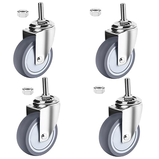 4 inch Stainless Steel Caster Wheels Heavy Duty, 3/8"-16x1 Threaded Stem Casters Set of 4, Rust Resistant, Non-Marking Slient TPR Rubber Wheels for Hospital, Lab, Furniture, Restaurants