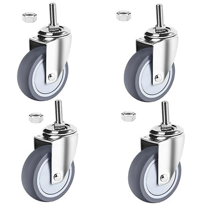 4 inch Stainless Steel Caster Wheels Heavy Duty, 3/8"-16x1 Threaded Stem Casters Set of 4, Rust Resistant, Non-Marking Slient TPR Rubber Wheels for Hospital, Lab, Furniture, Restaurants
