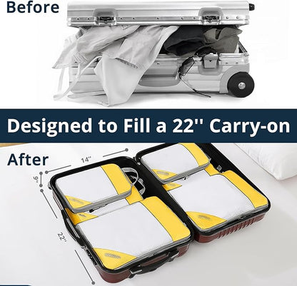 Compression Packing Cubes 6 Set, Compressible Space-Saving Packing Cubes for Travel - Compression Bags, Luggage Organizer, Travel Essentials for Women, Golden Yellow