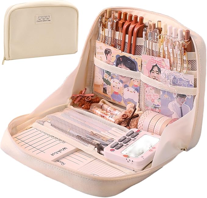 Pencil Case Pouch Box Cute Kawaii Large Capacity Aesthetic Zipper Pen Holder Organizer Bag for Office Workspace Supplies Desk Accessories Travel (Light Pink)