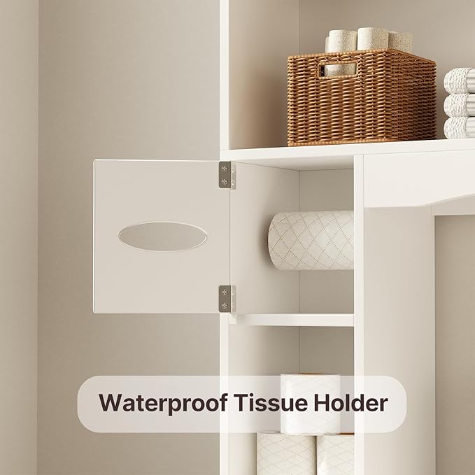 Gizoon Over The Toilet Storage Cabinet, 66''H Over Toilet Bathroom Organizer, Over Toilet Storage Cabinet with 2 Doors, Paper Holder and Racks, Adjustable Shelf, for Bathroom, Laundry, White