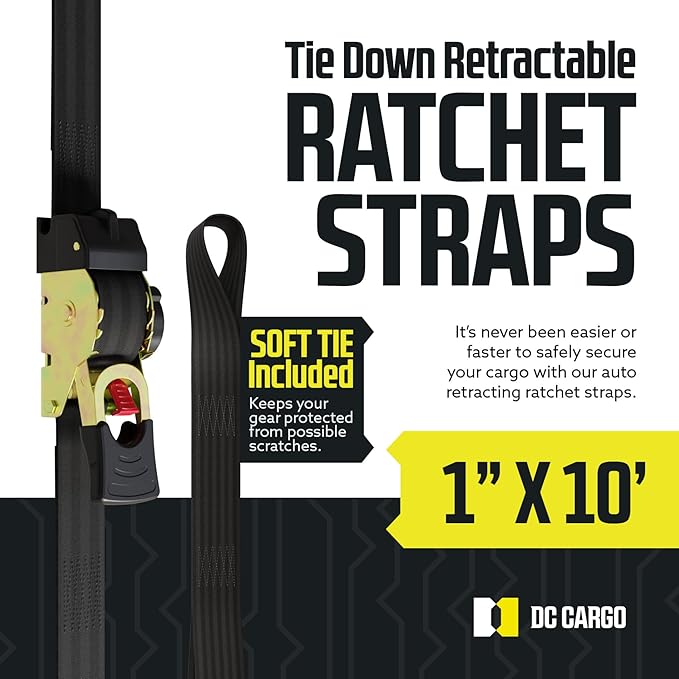 DC Cargo Mall Auto Retractable Ratchet Straps (2-Pack) 1” x 10ft, Heavy Duty, 1,209lb Break Strength – Tie Down Straps for Cargo, Truck, Trailer, Motorcycle, Boat