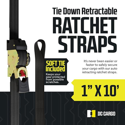 DC Cargo Mall Auto Retractable Ratchet Straps (2-Pack) 1” x 10ft, Heavy Duty, 1,209lb Break Strength – Tie Down Straps for Cargo, Truck, Trailer, Motorcycle, Boat