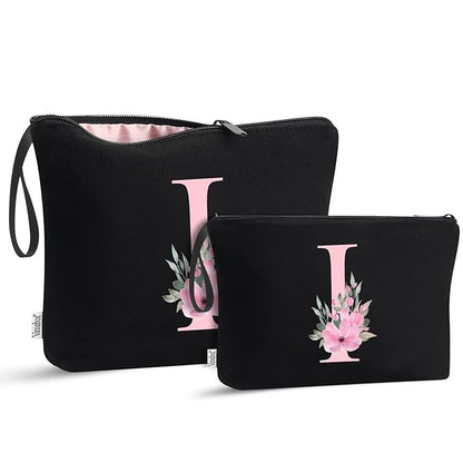 Vavabox A-Z Personalized Makeup Bag, Birthday Gifts for Women Mom, Gifts for Best Friend, Bride Bridesmaid Cosmetic bag (I, 04-Black Set)