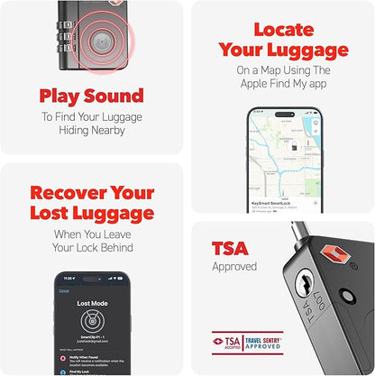 KeySmart SmartLock Tracking Luggage Locks, TSA Locks for Luggage, GPS Tracker, Combination Lock Compatible with Apple Find My App, Best Travel Essentials, Replaceable Non-Rechargeable Battery (1 Pack)