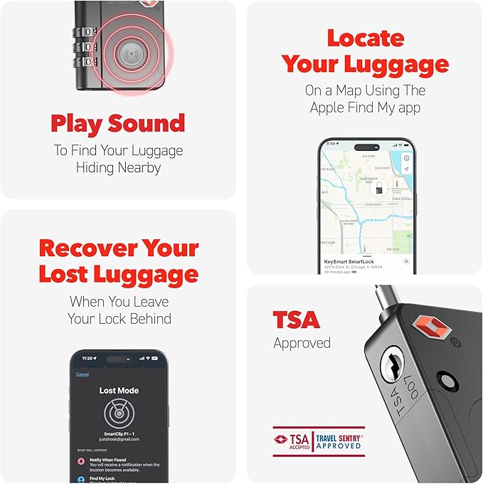 KeySmart SmartLock Tracking Luggage Locks, TSA Locks for Luggage, GPS Tracker, Combination Lock Compatible with Apple Find My App, Best Travel Essentials, Replaceable Non-Rechargeable Battery (5 Pack)
