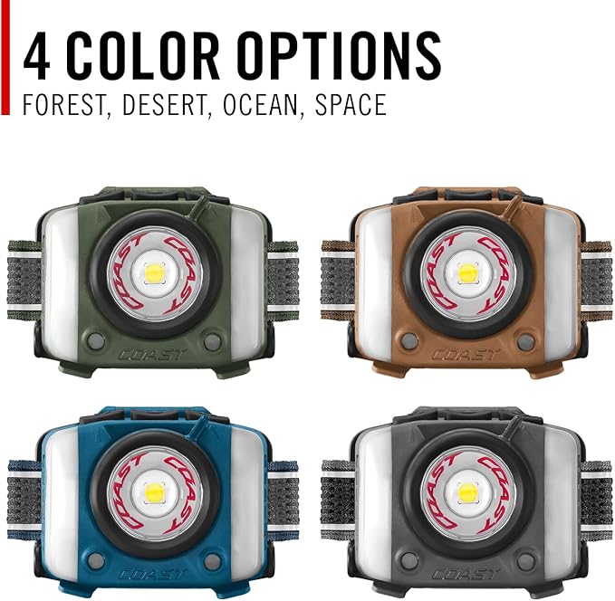 Coast FL97R Voice-Controlled 1200 Lumen Rechargeable LED Headlamp with Pure Beam® Spot & Flood, ARC Lighting, Red & Green Color Modes, Glide Focus™ Radial Arm Dial and USB-C Charge Port, Desert