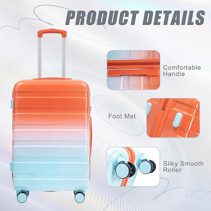 Campfun 3 Piece Luggage Sets, PC Gradient Color Suitcase Set with Double Spinner Wheels, Durable Carry On Luggage with Combination Lock, 20/24/28 inch, Red+Blue