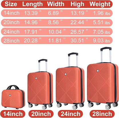 Luggage 4 Piece Set, Hardshell ABS Suitcase Set with Double Spinner Wheels, Lightweight Durable Luggage set, Carry On and Checked Travel Large Luggage, Orange