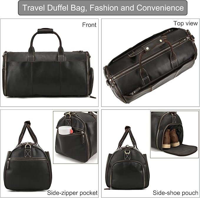 Full-grain Leather Garment Bag Large Capacity Travel Bag Business Suit Carrier Bag with Shoe Compartment, Overnight Gym Sports Duffel Bags for Men Women, Dark Brown