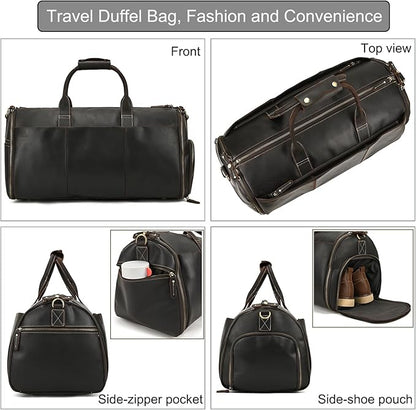 Full-grain Leather Garment Bag Large Capacity Travel Bag Business Suit Carrier Bag with Shoe Compartment, Overnight Gym Sports Duffel Bags for Men Women, Dark Brown
