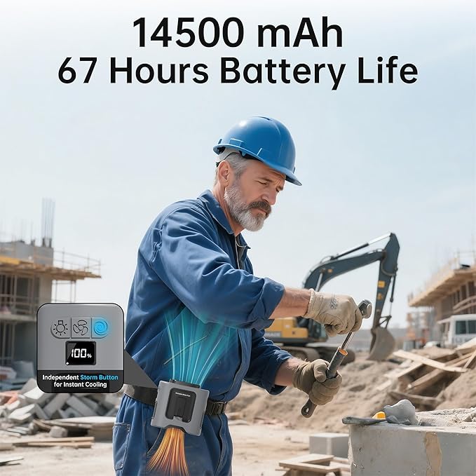 10000mAh Portable Waist Fan Clip On Belt, Max 40H Cooling, 5 Speeds 16000RPM, Rechargeable Hands-free Personal Wearable Neck Fan With Dual Clip & Flashlight for Outdoor Jobsite Camping Traveling