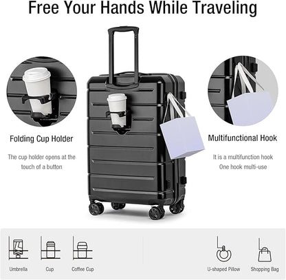 KYME 26 Inch Luggage TSA Approved Hardshell Suitcases with Spinner Wheels Durable Medium Travel Checked Luggage with Cup Holder for Women Men Black