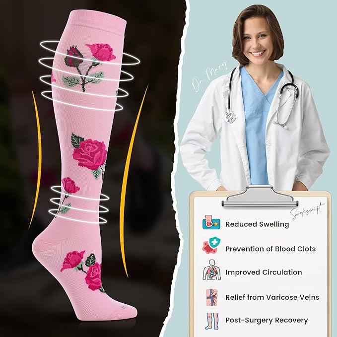 Floral Compression Socks for Women 20-30mmHg Knee High, Best for Ladies, Nurses, Pregnancy, Travel