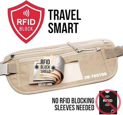 Money Belt for Travel - Hidden Travel Pouch Protect Your Credit and Money With RFID Blocking Passport Holder Waist Wallet (Khaki)