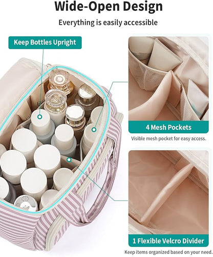 Narwey Large Travel Toiletry Bag, Wide-open Travel Bag for Toiletries, Toiletry Bags for Traveling Women, Cosmetic Make Up Makeup Bag Organizer with Wet Pocket, Shower Skincare Bag (Dusty Pink Stripe)