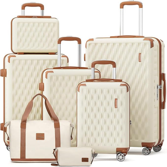 Melalenia Luggage Sets 7 Piece Hard Shell Carry on Suitcase with Spinner Wheels and TSA Lock, Lightweight Travel Duffel Bag for Women, Beige Brown