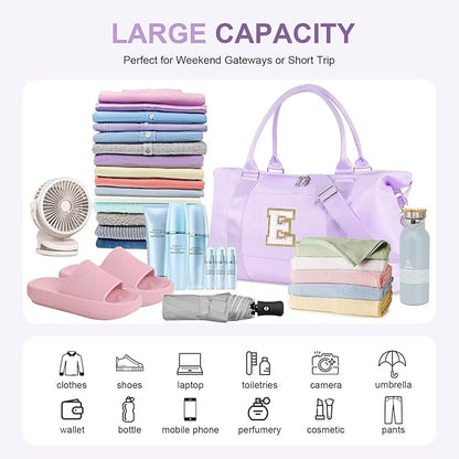 Dance Gym Duffel Bag for Teen Girls, Personalized Initial Travel Weekender Bag,Cute Overnight Carry On Duffle for Women,Sports Travel Cheer Bag,Monogram Christmas Gifts for Tween Preppy(purple-E)