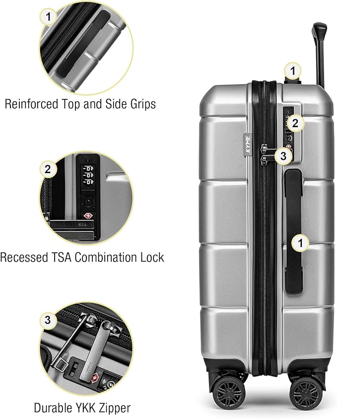 KYME Luggage Sets 3 Piece Hard Shell 22in/26in/30in Suitcases with Wheels Hardside Suitcase Set with TSA Lock Travel Rolling Luggage Set for Women Men Silver Grey