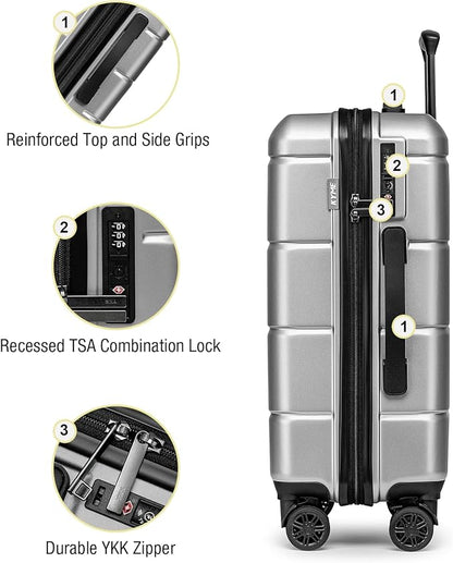 KYME Luggage Sets 3 Piece Hard Shell 22in/26in/30in Suitcases with Wheels Hardside Suitcase Set with TSA Lock Travel Rolling Luggage Set for Women Men Silver Grey