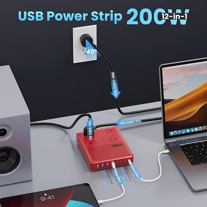 12-in-1 Charging Station USB C Power Strip with 5ft Cord,200W GaN IV USB C Charger Block,4 AC Outlets,8 USB for MacBook,iPhone 16/15/14,Fast Charging Desktop Charger for Office (Red)