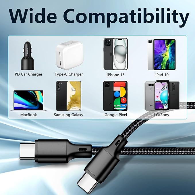 cugunu USB C to USB C Charger Cable, 3Pack 60W 10FT Type C Fast Charging Cord Compatible for iPhone 15/16/17/Pro/Max/Plus, iPad, MacBook-Black