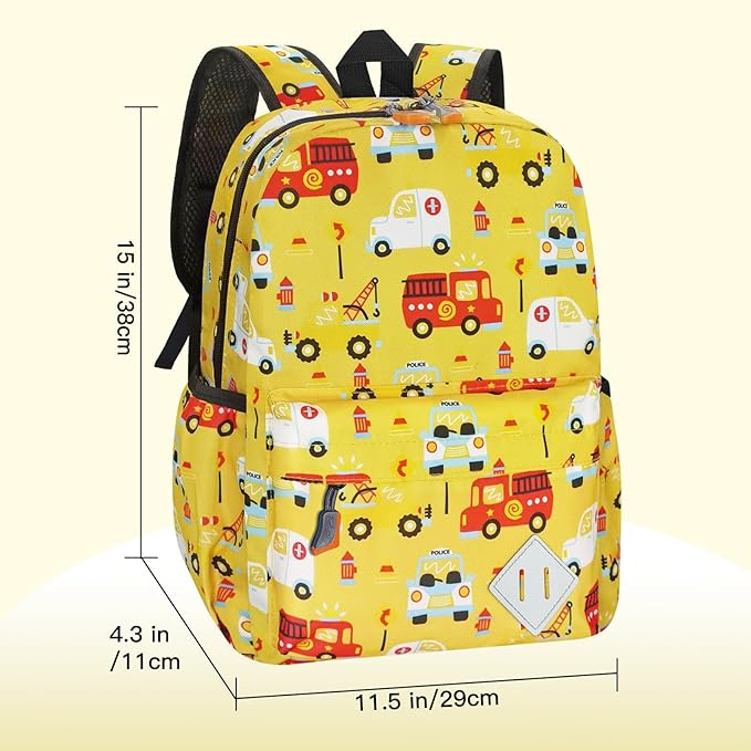 Kids Backpack for Girls Boys - 15 Inch Cute Cars Little Kids Backpack Waterresistant Toddler Preschool Kindergarten School Bag for Aged 3-8, Yellow