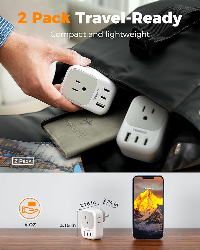 TESSAN 2 Pack Type E F Plug Adapter (2 USB-C), France Spain South Korea Power Adapter with 4 Outlets 3 USB, European Travel Adaptor for US to Germany Iceland Greece Portugal