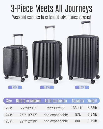 LIGHT FLIGHT Luggage Sets, Durable Hard Shell 3 Piece Set Suitcase with Spinner Wheels, Hardside Lightweight Luggage set with TSA Lock, Large Travel Luggage Set (20" 24" 28"), Black