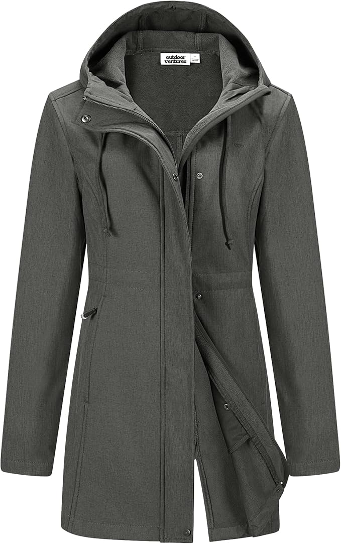 Outdoor Ventures Women's Lightweight Waterproof Fleece Lined Hooded Softshell Rain Jacket, Warm Windbreaker Long Coat