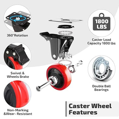 Nefish 4 Inch Industrial Caster Wheels with Brake, Casters Set of 4 Heavy Duty Grade Casters, Non-Marking Polyurethane Wheels, Workbench 1800 Lbs for Cart, Furniture, Shelving (LJ-PC-4IN)