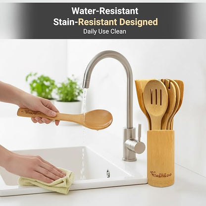 8-Piece Bamboo Utensil Set with Holder, Premium Non-Scratch Bamboo Cooking Utensils for Nonstick Cookware, Water-Resistant, BPA-Free, Eco-Friendly Kitchen Tools