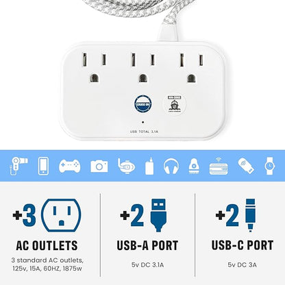 Cruise Approved Power Strip Non Surge Protector with 3.3 ft Travel Extension Cord and USB Ports [2 USB, 2 USB-C, 3 AC] Cruise Ship Essentials for Carnival, Princess, & Major Cruise Lines 2025 & 2026