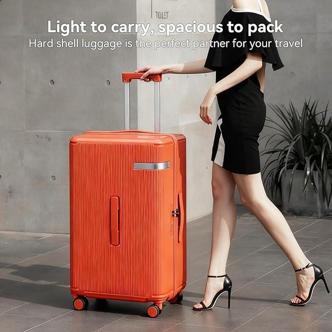 Travel Luggage Sets 3 Piece with Spinner Wheels, PC Hardside Suitcase Set for Family Trips with Cup and Phone Holder, Orange