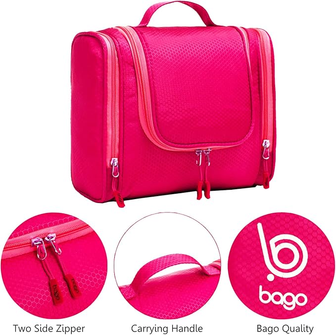 Bago Travel Toiletry Bag for Women and Men X-Large Waterproof Hanging Large Toiletry Bag for Bathroom and Travel Bag for Toiletries Organizer -Travel Makeup Bag (Pink)
