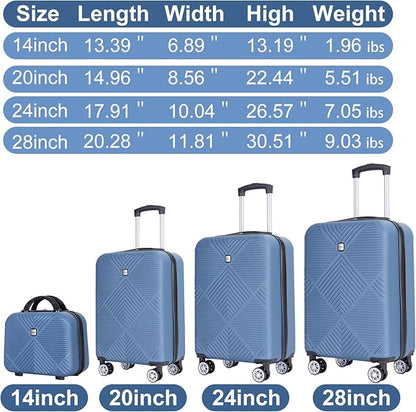 Luggage 4 Piece Set, Hardshell ABS Suitcase Set with Double Spinner Wheels, Lightweight Durable Large Luggage set, Carry On and Checked Travel Luggage, Blue