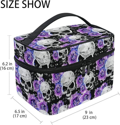 Skull Makeup Bag Purple, Flowers and Skull Gothic Makeup Organizer Bags Toiletry Bag Box Travel Cosmetic Bag Make Up Train Case for Women Teen Girl Ladies