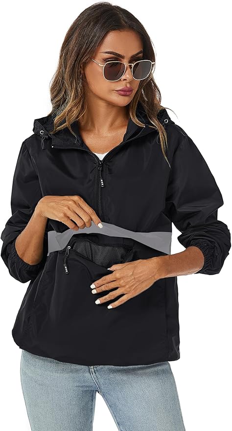 Avoogue Womens Rain Jacket with Hood,Pullover,Packable,Lightweight,Windbreaker,Waterproof,Breathable.