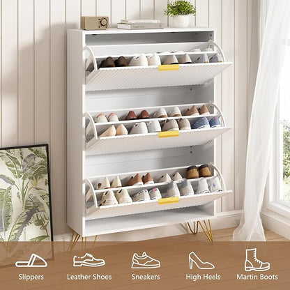 Shoe Storage Cabinet with 3 Flip Drawers, 31.5" W Fluted Shoe Cabinet for Entryway, Hidden Shoe Cabinet Storage, Narrow Free Standing Shoe Orgnaizer Rack Cabinet for Foyer Hallway, White