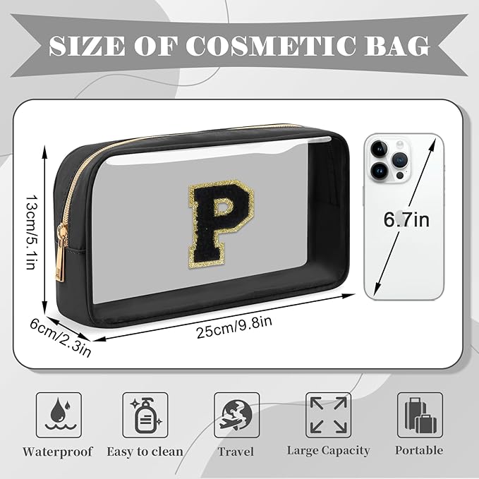 Personalized Initial Letter Clear Makeup Bag,Preppy Small Nylon&PVC Cosmetic Zipper Bag with Chenille Letter,Travel Skincare Toiletry Bag,Monogram Christmas Gift for Teen Girls Women,P