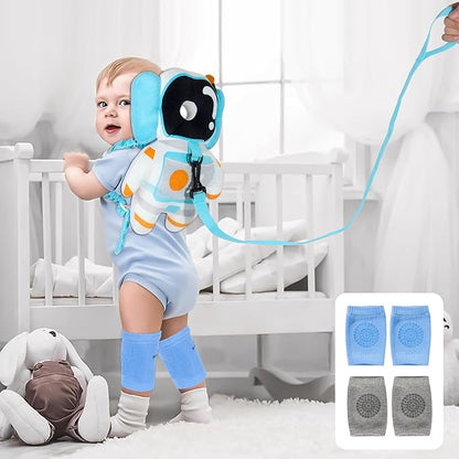 Baby Backpack Walker Protection, Toddler Head Protector Backpack Adjustable 270° Three-Sided Protection Breathable Design with Knee Pads & Safety Rope, 6-12 Month Baby(Astronaut)