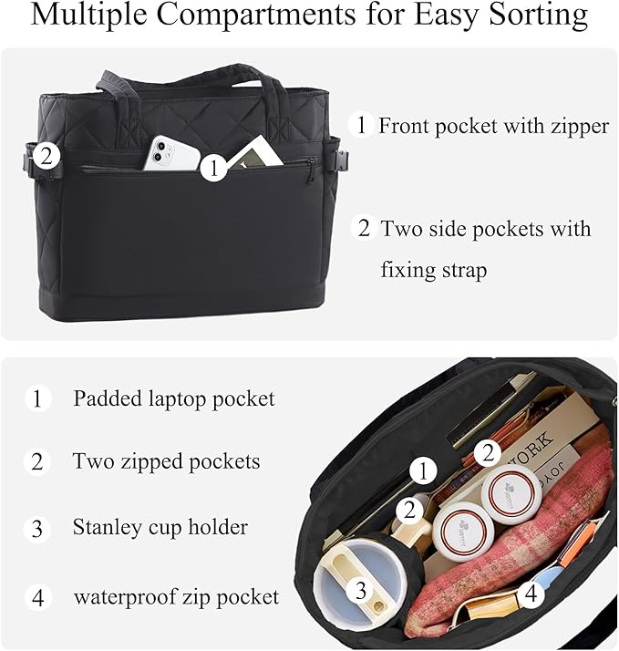 Puffer Tote Bag for Women, Work Bag with Cup Holder, Teacher Bag with Compartments, Quilted Tote Bag with Zipper for Travel