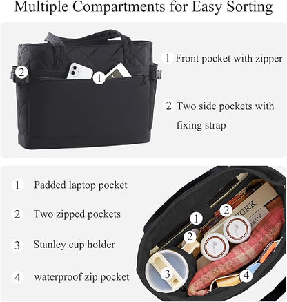 Puffer Tote Bag for Women, Work Bag with Cup Holder, Teacher Bag with Compartments, Quilted Tote Bag with Zipper for Travel