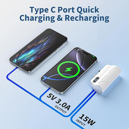 Portable Charger 5000mAh Dual USB C and iOS-Type Connector, Ultra-Compact 20W PD Fast Charging Power Bank for Phone 17/16/15/14/13 Plus,Pro Max, Pad, Samsung Galaxy S25 S24 S23 Android (White)